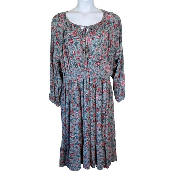 Knox Rose 1X Plus Size Peasant Floral EUC Midi Dress Boho 100% Rayon Tiered - Picture 2 of 12